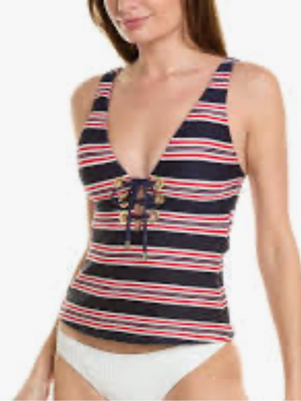 LA BLANCA Striped Lace-Up Navy & Red Tankini Top